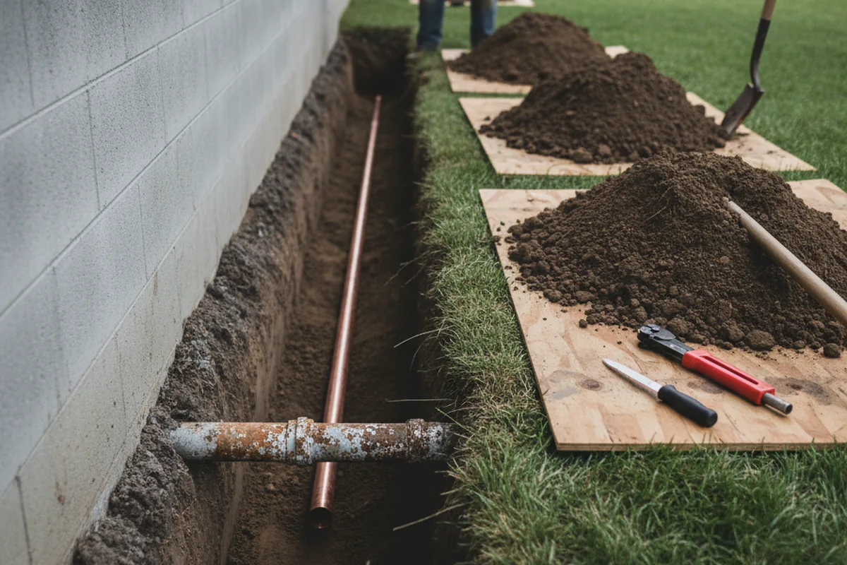 Excavated water line trench during Sewer Line Repair in Philo